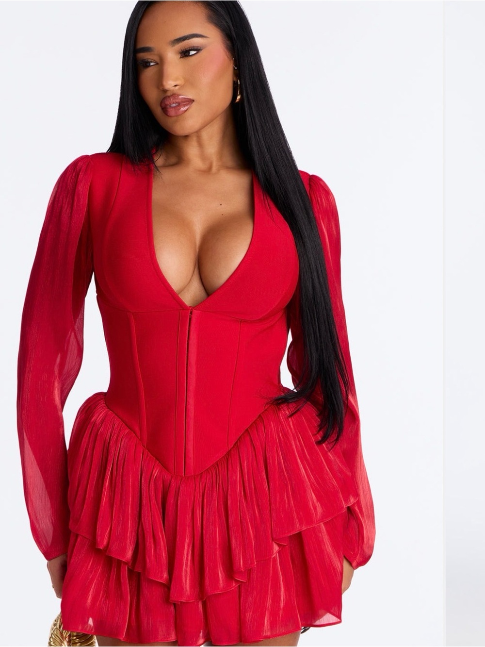 Red Deep-V Corset Peplum Dress Top